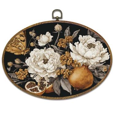 Imagem de kdqua Decoração de parede oval floral peônia vintage, arte em tela botânica de romã borboleta cottagecore emoldurada, decorações florais para pendurar na parede para cozinha, casa, quarto, sala de