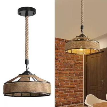 Imagem de ROCUNSI Candeeiro suspenso de vime para ilha de cozinha, iluminação pendente de casa de fazenda com persiana de vime tecida à mão, lustre boêmio, luminárias suspensas no teto para sala de jantar