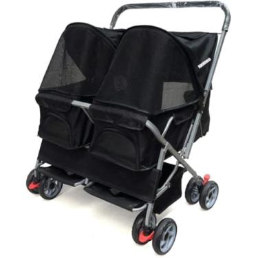 Imagem de Carrinho De Cachorro Duplo Carrinho De Viagem Duplo Para Animais De Estimação Carrinho De Bebê Para Gato Dobrável Com Capa De Chuva Carga Máxima 60kg, Purple