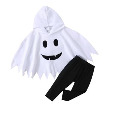 Imagem de XFGLCK Fantasia de Halloween para crianças, meninas, meninos, capa de fantasma com capuz + calça preta, roupa divertida para cosplay, Branco A, 4-5 Anos