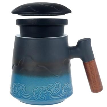 Imagem de Xícara de chá com infusor e tampa, xícaras de chá de infusão de 450 ml xícara de chá de cerâmica com alça caneca de infusão de malha fina xícara de chá quente para escritório em casa (azul)