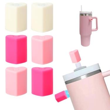 Imagem de HIUSITY Pacote com 6 tampas magnéticas de palha de coração para Stanley Cup, tampas de canudo rosa de silicone para copo de 10 mm, tampas reutilizáveis para acessórios de copo Stanley
