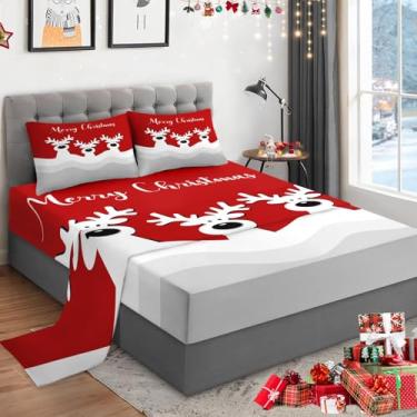 Imagem de WeCozy Jogo de lençol casal de Natal com 4 peças, bolso profundo de 35,5 cm, desenho fofo de rena, para crianças e adultos, roupa de cama de inverno feliz natal com 2 fronhas para decoração de quarto