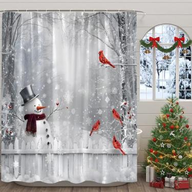 Imagem de WANVYON Cortina de chuveiro de boneco de neve de Natal, cerca de casa de fazenda, cinza, floco de neve, floresta, pássaro, 177,8 cm L x 177,8 cm A, cortina de decoração de banheiro com ganchos