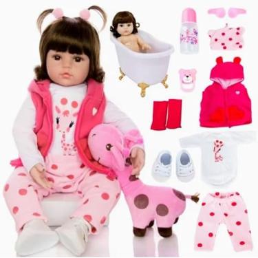 Imagem de Boneca Bebê Reborn Realista com Acessórios, Rosa e Branco, Kit Completo com Roupas, Mamadeira, Brinquedo Infantil