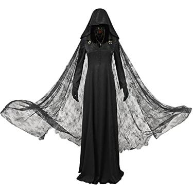 Imagem de MROZUL Vestido feminino gótico vitoriano bruxa vampiro cosplay fantasia medieval vestido renascentista branco preto robe saia (PP)