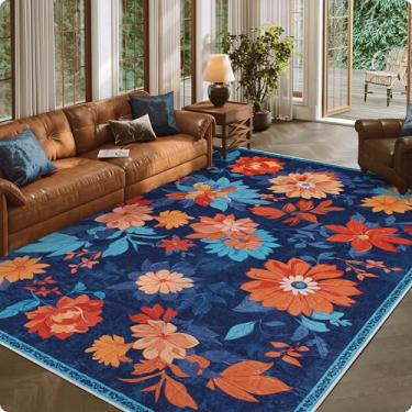 Imagem de Clemile Tapete floral 20 x 3 m - antiderrapante lavável à máquina tapete para sala de estar - tapete macio para decoração de casa azul colorido