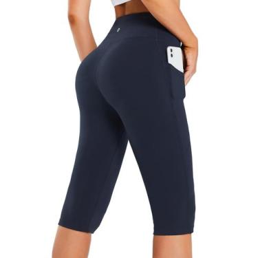 Imagem de Leggings femininas BALEAF na altura do joelho, cintura alta, azul mari
