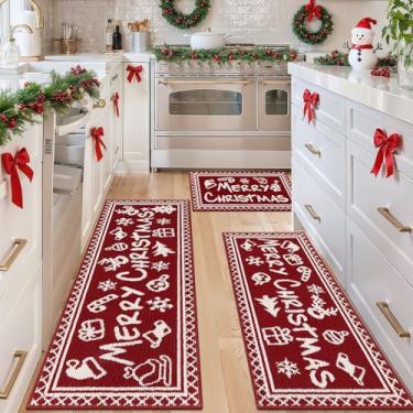Imagem de Ileading Conjunto de 3 peças de tapetes de cozinha de Natal, tapete antiderrapante, lavável, para decoração de férias de inverno, tapete de casa de fazenda para pia, lavanderia, corredor, sala de