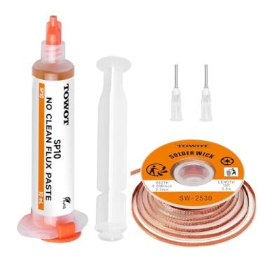 Imagem de TOWOT Trança de pavio de solda de 3 m e pasta de fluxo de solda não limpa (10 cc) - Kit de dessoldagem para reparo de eletrônicos, PCB, retrabalho de placa de circuito