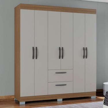 Imagem de Guarda-Roupa Solteiro Tóquio 6 Portas 2 Gavetas Castanho/Off White - Poquema