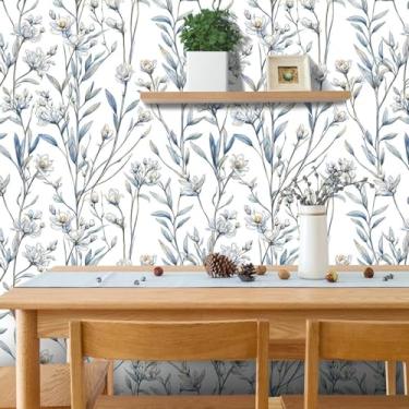 Imagem de ESSMOKO Papel de parede esboço flor fundo parede PVC impermeável papel de parede autoadesivo sala de estar quarto loja adesivo decorativo magnólia 45 * 500 cm