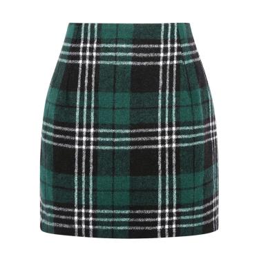 Imagem de Mini saia IDEALSANXUN outono-inverno xadrez de lã verde para mulheres