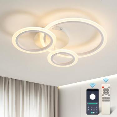 Imagem de Luminária de teto moderna regulável com controle remoto, lustre redondo branco de 3 anéis para quarto, sala de estar e sala de jantar, temperatura de cor ajustável (3000 6000K), iluminação d