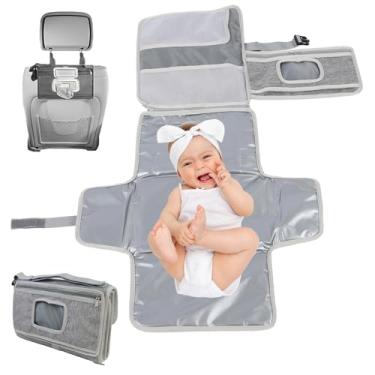 Imagem de Trocador portátil para recém-nascido, trocador de fraldas expansível com bolsos para lenços umedecidos Almofada de troca de bebê resistente à água para viagens, compras, presentes de chuveiro (Cinza)