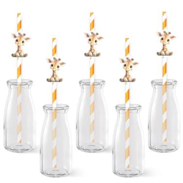 Imagem de Serencatcher 50 canudos de papel com tema de girafa, lembrancinhas de festa de aniversário de girafa, canudos de papel decorativos descartáveis para meninos e meninas, selva, safári, tema animal