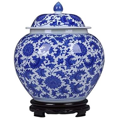 Imagem de AKALNNB Vaso de porcelana azul e branco vaso chinês tradicional azul e branco vaso de cerâmica vasos decorativos antigos estilo China Ming vaso antigo com B