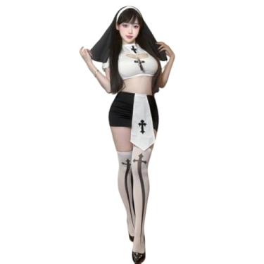 Imagem de QNCLO Fantasia de freira sexy cosplay feminina vestido de empregada gótico lingerie de empregada de Halloween, Preto, branco 1, Tamanho Único