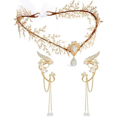 Imagem de Conjunto de punhos de orelhas de elfo com coroa de fada, conjunto de cosplay de elfos, acessórios de fantasia renascentista para festa, Multicor, tamanho �nico