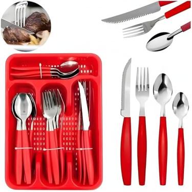 Imagem de Jogo de Talheres 25 Peças com Porta-Talher – Faqueiro em Aço Inox com Cabos Vermelhos | Ideal para 6 Pessoas | Design Moderno e Ergonômico