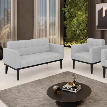 Imagem de Conjunto Poltrona e Namoradeira Decorativa Karen Pés Fixo em Madeira Preto Linho Cinza G19 - Gran Belo