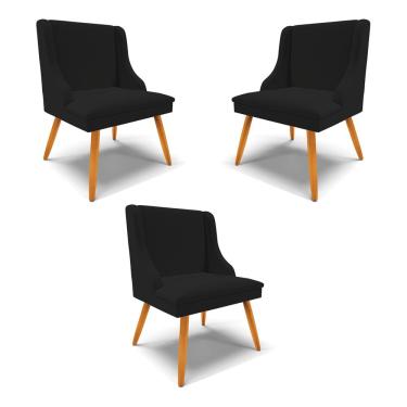 Imagem de Kit 3 Cadeiras Decorativas Sala de Jantar Pés Palito de Madeira Firenze Linho Preto/Natural G19 - Gran Belo