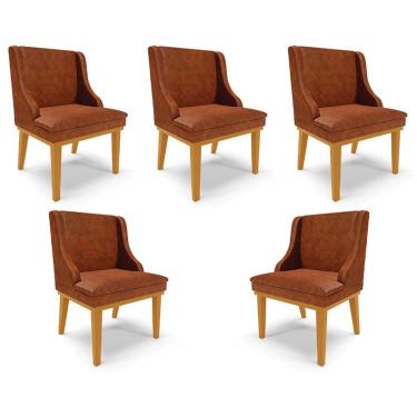 Imagem de Kit 5 Cadeiras Decorativas Sala de Jantar Base Fixa de Madeira Firenze PU Nozes/Castanho G19 - Gran Belo