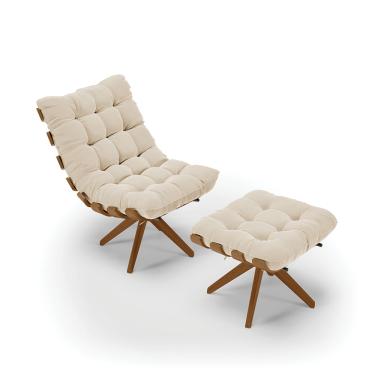 Imagem de Poltrona com Puff Giratório Costela Suede Bege Base de Madeira MA30 M11 - D'Rossi
