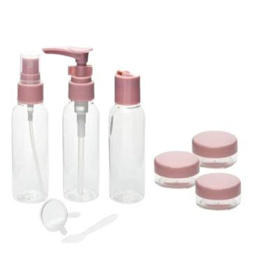 Imagem de Kit Frascos de Viagem 9 Peças com Necessaire Transparente para Shampoo, Perfume e Cosméticos (Rosa)
