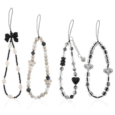 Imagem de Ouligay 4 peças de pingentes de cristal para telefone, corrente de pulso com contas e laço de borboleta coração alça de câmera pulso pérola smartphone chaveiro pingente para mulheres, bolsa de