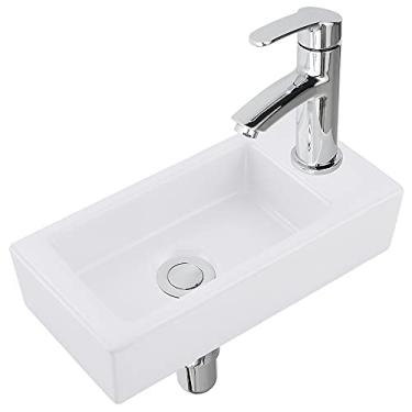 Imagem de Pia de canto de banheiro pequena de 45,72 cm – VASOYO pequena pia de canto retangular de porcelana branca de cerâmica para banheiro com pia, mão direita