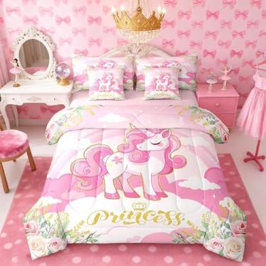 Imagem de Manfei Lindo conjunto de edredom de unicórnio em uma bolsa, 7 peças, conjunto de cama casal, rosa e princesa, flores desabrochando em aquarela (edredom + lençol de cima + 2 fronhas + 2 fronhas de