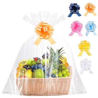 Imagem de 12 sacos de celofane transparente de 61 x 76 cm com laço de presente, sacos de presente transparentes com 12 laços de puxar envoltório de celofane para cestas de presente