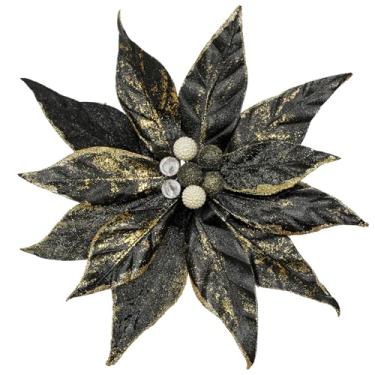 Imagem de DILATATA 3 peças de flores artificiais de Natal 33 cm palhetas de poinsétia com glitter, enfeites de árvore de Natal, enfeites de topper, flores de poinsétias pretas para Natal, Ano Novo, guirlanda de