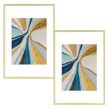 Imagem de Fkvat Conjunto de 20 x 12 porta-retrato de alumínio fino escovado dourado com vidro HD, serve para 15 x 20 cm com tapete ou 20 x 30 sem tapete, para mesa e parede, pacote com 2