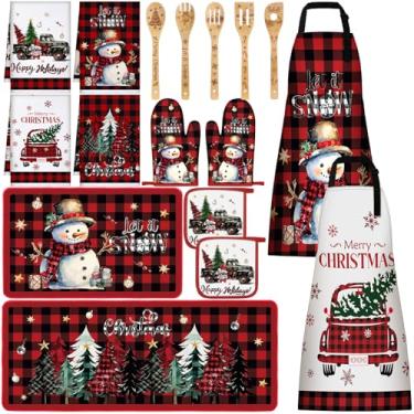 Imagem de Bencailor 17 peças de conjuntos de cozinha de Natal, tapete e tapete de cozinha xadrez, luvas de Natal e suportes de panela, avental de boneco de neve, toalha de prato de árvore de Natal, colheres de
