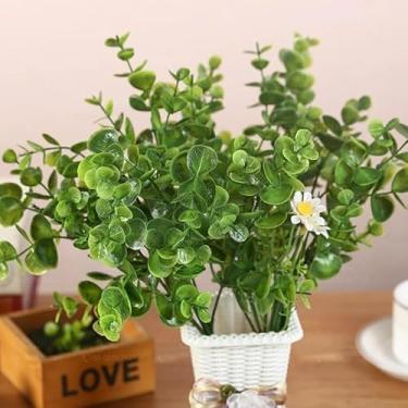 Imagem de Folhas artificiais de eucalipto, caules de vegetação sintética, ramos verdes artificiais, folhas para casamento, buquê de flores, decoração de casa