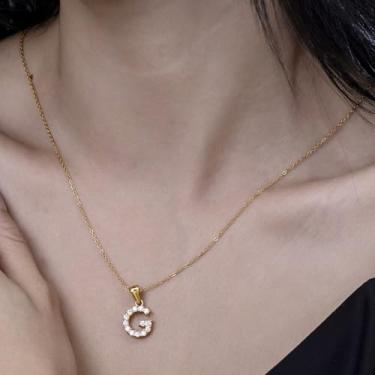 Imagem de Colar com pingente de cristal banhado a ouro 18 K - joia com monograma de strass para presentes personalizados e uso diário, F, Aço inoxidável, Sem Pedra Preciosa