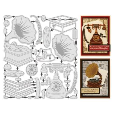 Imagem de UNICRAFTALE 38 peças vintage matrizes de corte de metal para fazer cartas, toca-discos, telefone, monofone, gravação, estêncil, modelo para decoração de álbuns de papel DIY