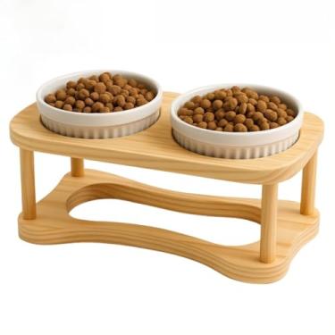 Imagem de Comedouro e Bebedouro Duplo Elevado para Cães e Gatos – Porcelana 320ML com Base de Madeira(Branco)