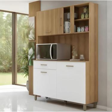 Imagem de Kit Cozinha Armário com Balcão Completo 4 Portas 1 Gaveta - Branca/ripado