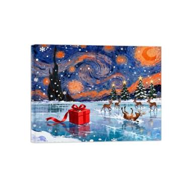 Imagem de Natal Quadro em tela-Noite Estrelada Renas Patinando Gelo-Imagem moderna decoração casa-Pôster impressões prontos para pendurar 60x80cm24x31in Tela Embrulhada