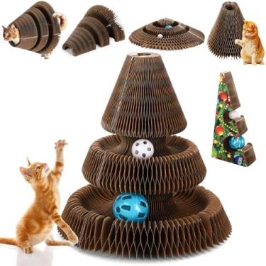 Imagem de Soulchen Árvore de Natal, tábua de arranhar para gatos com órgão mágico, brinquedo combinável para gatos, arranhador interativo de papelão com bola de sino, almofada de raspar acordeão dobrável