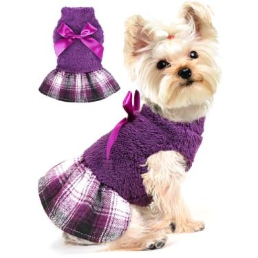 Imagem de Suéteres para cães pequenos menina, vestido de suéter de cachorro, bainha xadrez, gola alta, roupas femininas fofas para cães roupas de inverno quentes para animais de estimação casaco felpudo para filhotes de cachorro roupas roupas yorkie chihuahua, M, roxo