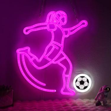 Imagem de OkiyiD Placa de néon de futebol para meninas - decoração de parede esportiva regulável com alimentação USB, presentes exclusivos para meninas de futebol e mulheres, luzes de néon de LED para amigas