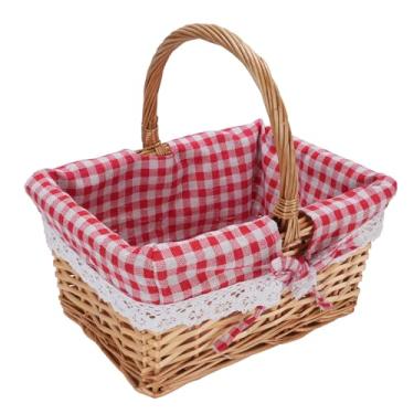 Imagem de Asixxsix Cesta de Piquenique de Vime, Em Formato Oval, Tecida à Mão Com Forro Removível de Linho e Algodão, Cesta de Piquenique Estilo Vintage Com Alças Altas Arredondadas, para (Xadrez Vermelho)