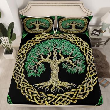 Imagem de Erosebridal Jogo de lençol solteiro viking retrô viking árvore da vida verde para crianças, adolescentes e adultos, lençol com elástico, tribo exótica vintage, 1 fronha, lençol com elástico
