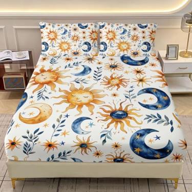Imagem de AILONEN Jogo de lençol infantil casal com desenho de sol e lua, estampa botânica e celestial, lençol com bolso profundo desenhado à mão com 2 fronhas, 3 peças