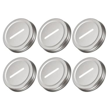 Imagem de 6 peças de tampa de banco com ranhura de moeda para pote de pedreiro, tampas de placa de estanho de boca regular, inserções adequadas para tampa de frascos de conserva, 70 mm/2,76", prata