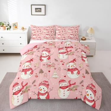 Imagem de Feelyou Conjunto de edredom de Natal rosa, tamanho solteiro, boneco de neve, kawaii, para crianças, meninos, meninas, decoração de quarto, microfibra, 2 peças com 1 fronha